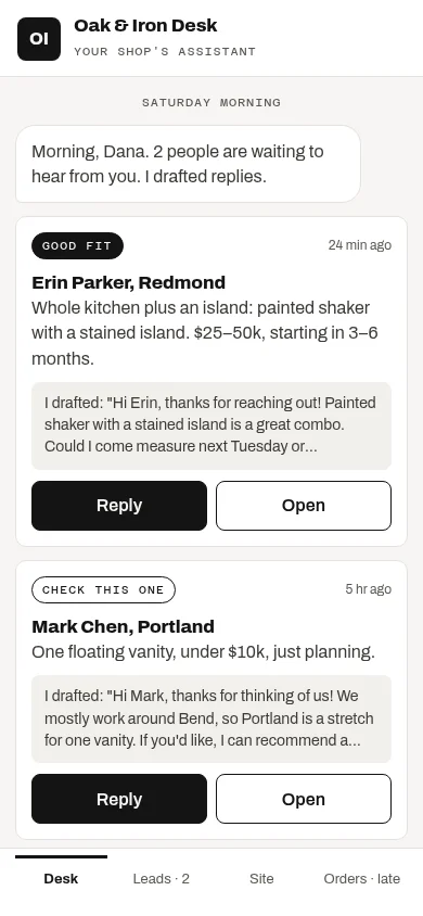 The Shop Desk on a phone: new quote requests with drafted replies
